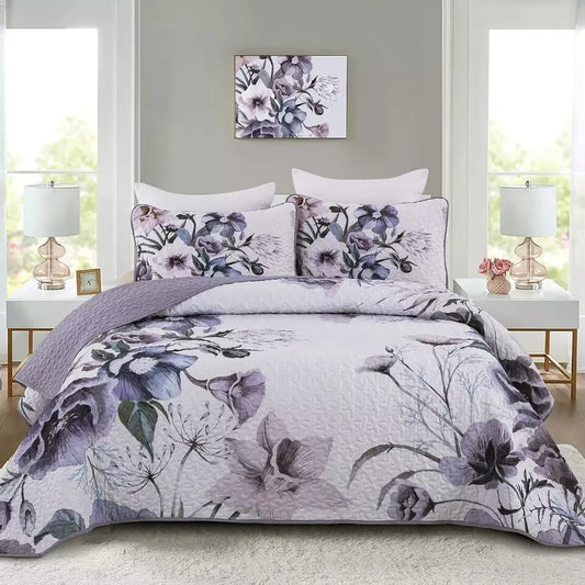 Floral Quilt Set Queen 3 Pieces Boho Purple Quilt Coverlet Set Soft Microfiber L