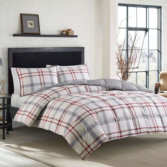 Portage Bay 3-Piece Beige Plaid Cotton Full/Queen Duvet Cover Set