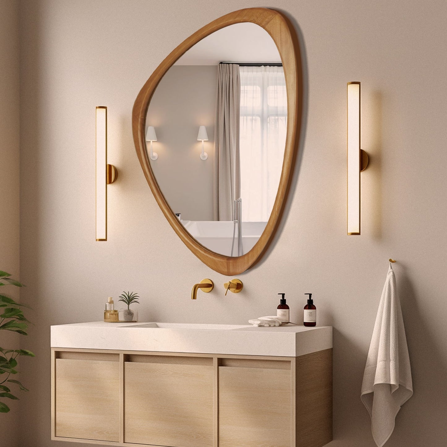 Irregular Natural Wood Frame Wall Mirror for Bathroom, Asymmetrical Home Wall Decor, 20.28 × 25.4 Inch