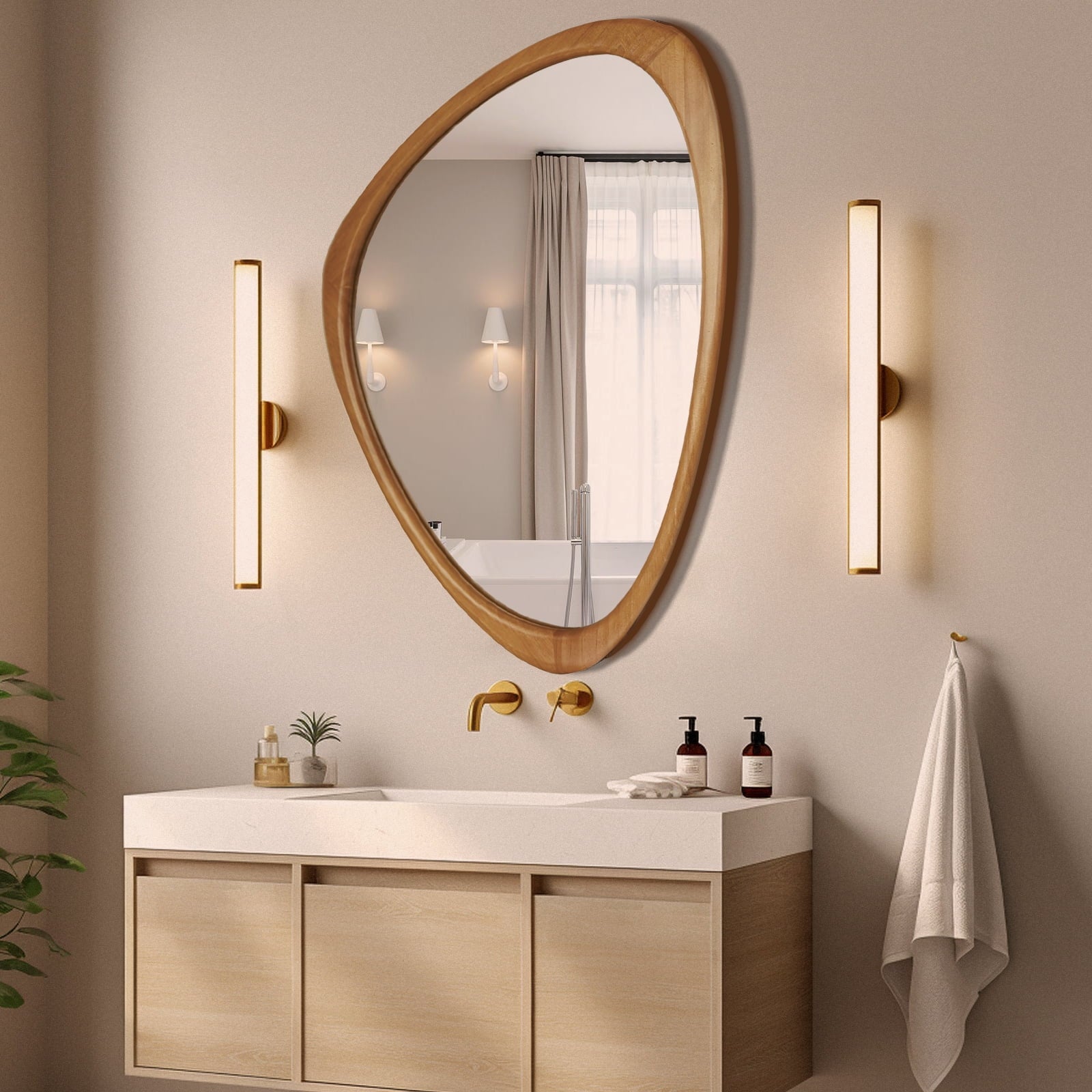 Irregular Natural Wood Frame Wall Mirror for Bathroom, Asymmetrical Home Wall Decor, 20.28 × 25.4 Inch