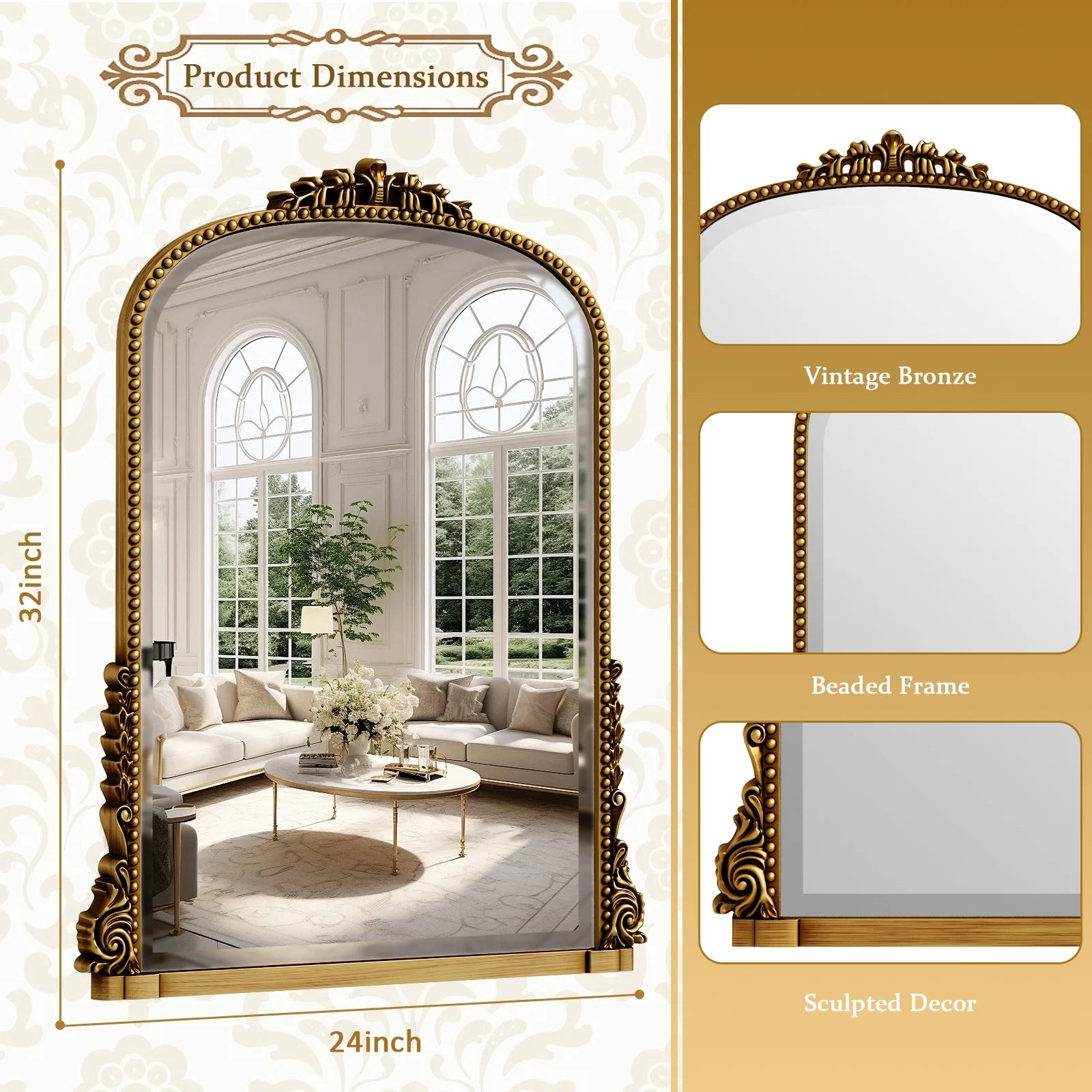 32"X 24" Arched Vanity Mirror Decor Wall Mirror for Bathroom,Antique Gold