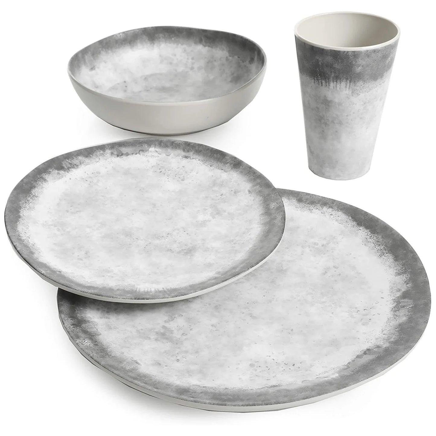 Granite Organic round Melamine Dinnerware Set, Service for Four (16Pcs), Marble