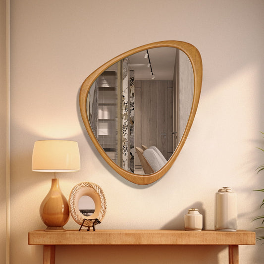 Irregular Natural Wood Frame Wall Mirror for Bathroom, Asymmetrical Home Wall Decor, 20.28 × 25.4 Inch