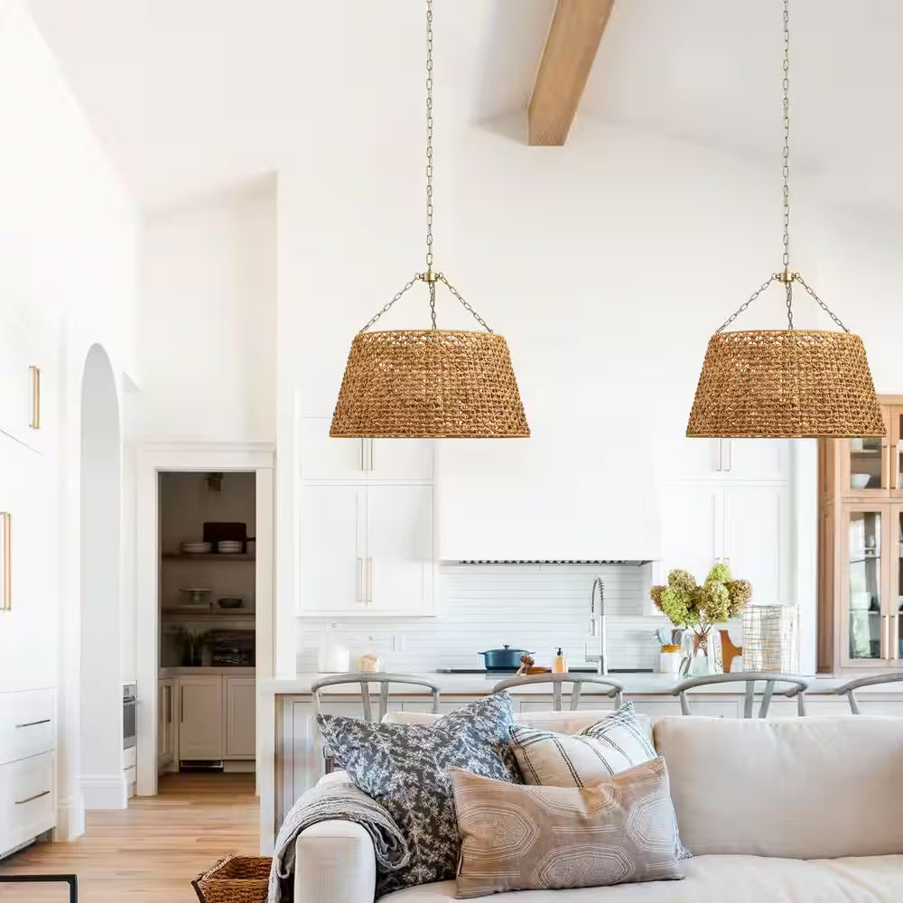 29.92 In. 6-Light Gold Woven Oversized Chandelier Boho Hand Rattan Rustic Farmhouse Ceiling Hanging Light