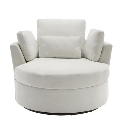 Beige Chenille Upholstered Swivel Accent Barrel Chair with Storage Ottoman and Pillows (Set of 1)