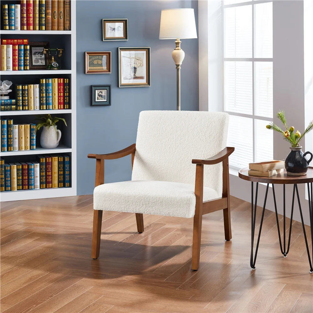 Mid-Century Modern Accent Chair with Wooden Frame, Ivory Boucle Fabric