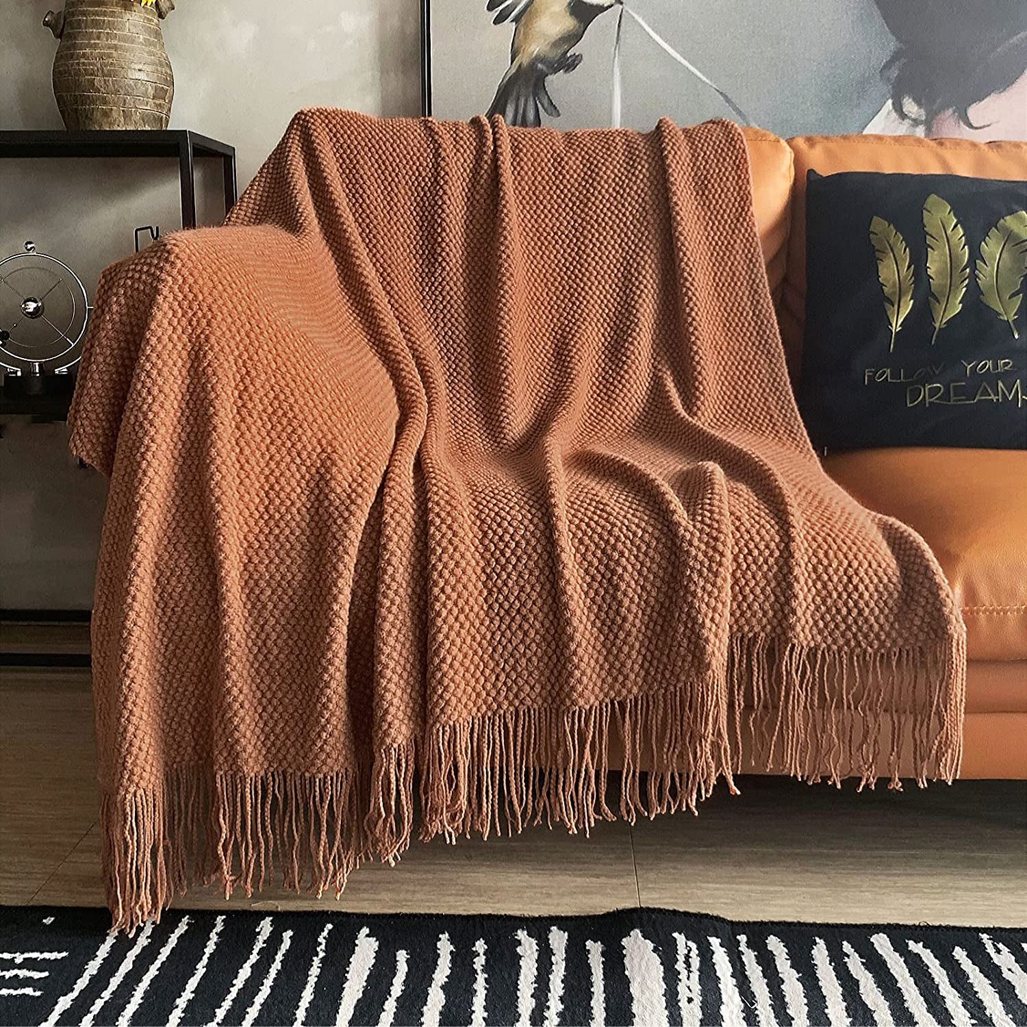Knitted Throw Blanket with Tassels Bubble Textured Lightweight Throws for Couch Cover Home Decor (Caramel, 60X80)