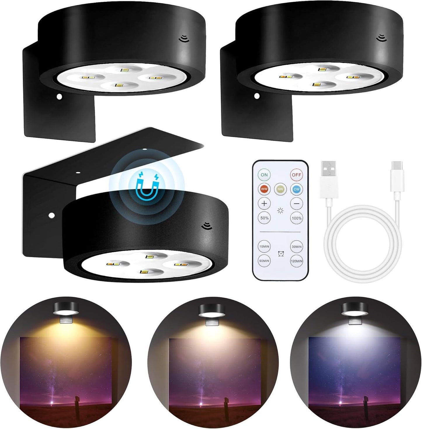 3-Pack Picture Lights for Wall, Rechargeable Battery Operated LED Painting Light