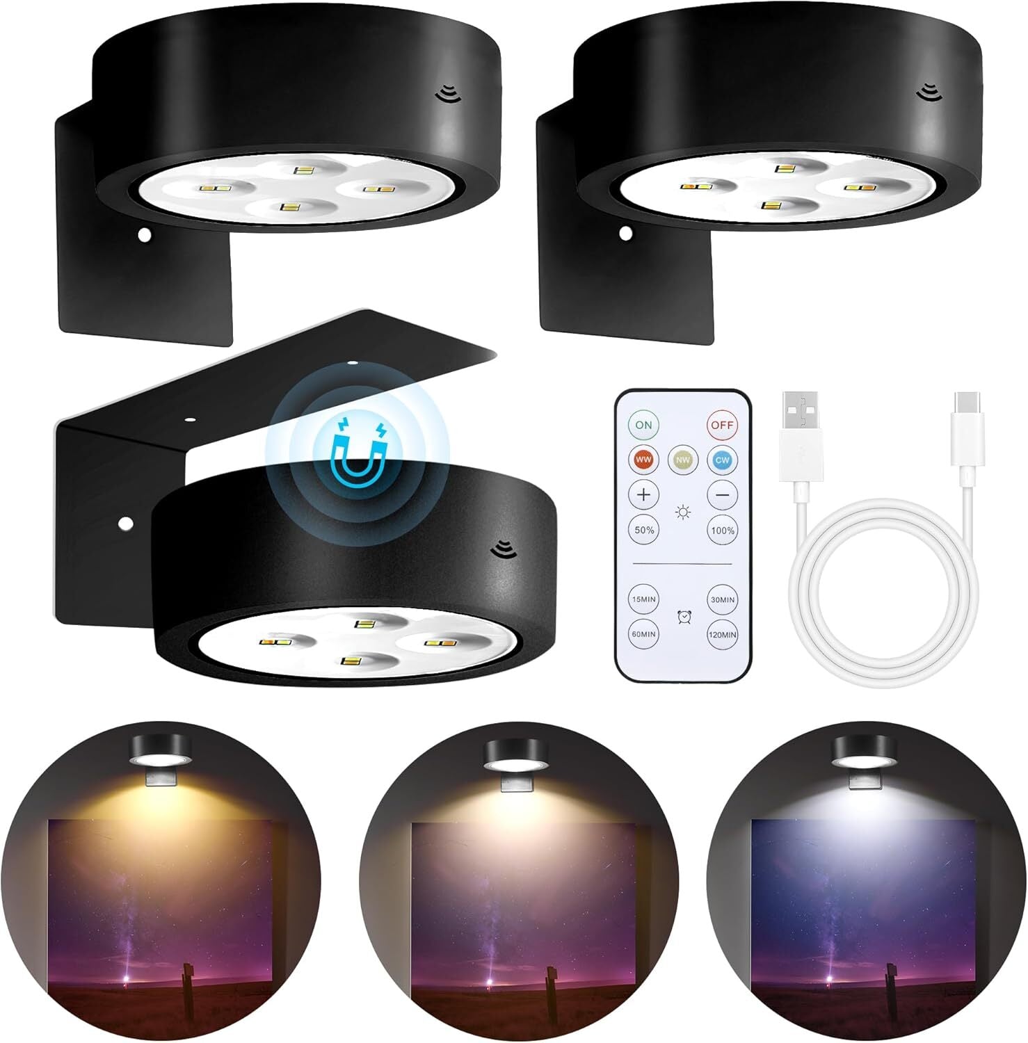 3-Pack Picture Lights for Wall, Rechargeable Battery Operated LED Painting Light