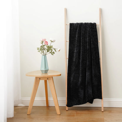 Black Chenille Throws for Couch,Soft Lightweigt Knitted Blanket for Living Room,51"X 67"