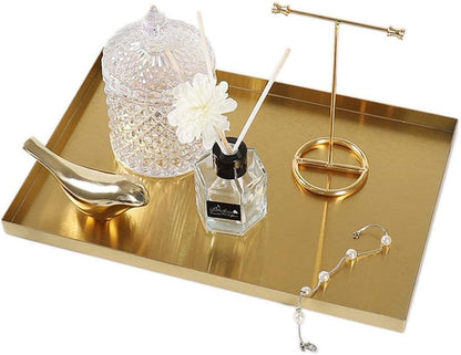 Gold Tray for Bathroom Vanity Brass Decor, Small Candle Holder, Rectangle Soap Dish, Brushed Square Plate, Coffee Table Toilet Back Modern Antique, 8''X12''