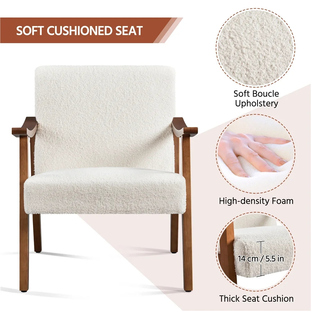 Mid-Century Modern Accent Chair with Wooden Frame, Ivory Boucle Fabric