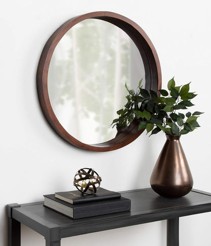 Hutton round Decorative Modern Wood Frame Wall Mirror, 22 Inch Diameter, Walnut Finish