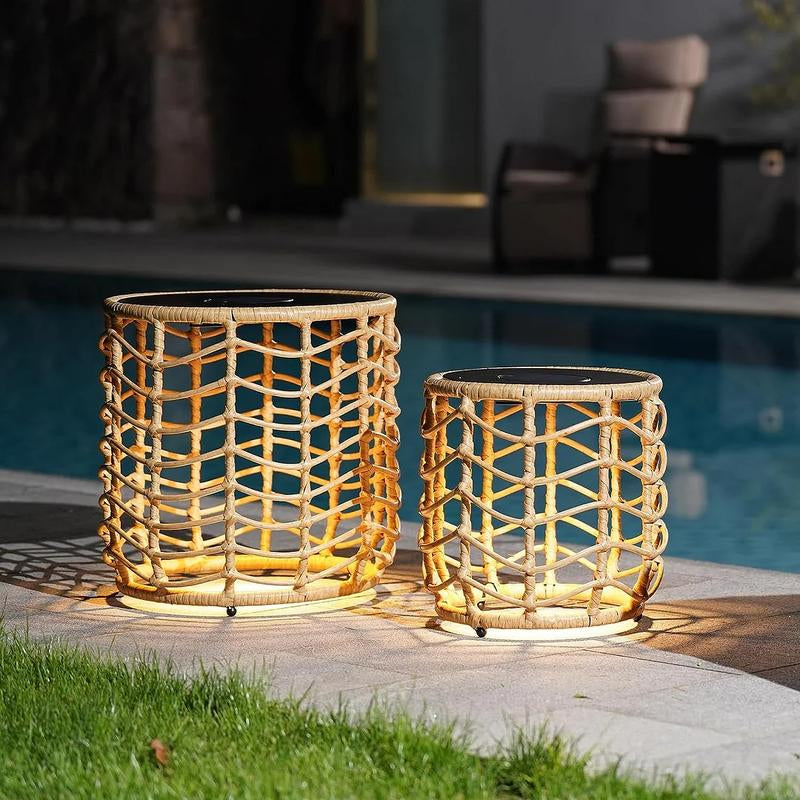 GRAND PATIO Wave Outdoor Nesting Tables Built-In Solar Lights Set of 2, Weather-Resistant Wicker, Boho Style for Patio and Porch, Natural round Design Furniture Aesthetic