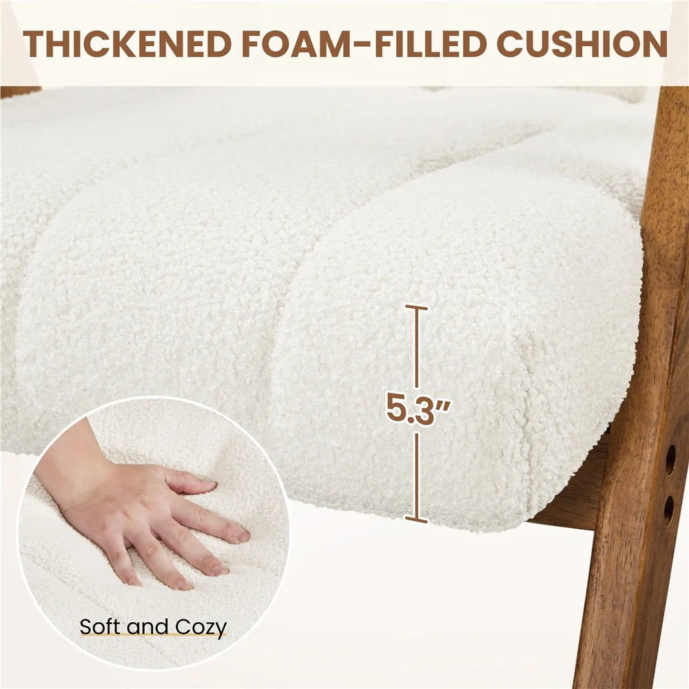 Mid Century Modern Boucle Upholstered Accent Chair with Solid Wood Legs, White