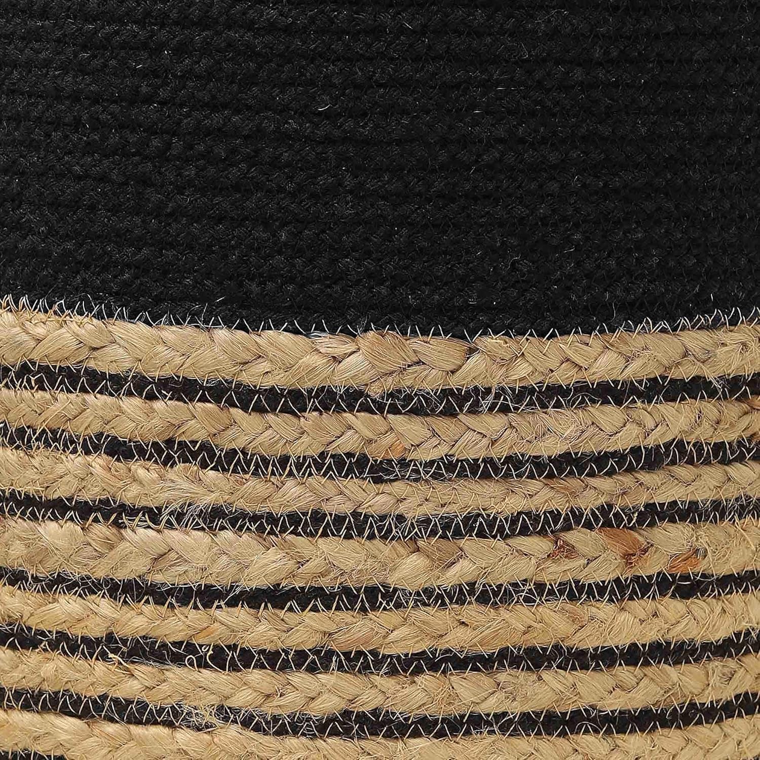 · Cylindrical Pouf Ottoman - Braided Pouffe Accent Sitting round Footrest for Living Room, Bedroom, Nursery, Kidsroom, Patio, Gym; 70% Cotton 30% Jute, (14.5X14.5X16; Black Natural)