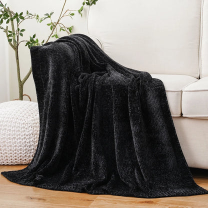 Black Chenille Throws for Couch,Soft Lightweigt Knitted Blanket for Living Room,51"X 67"