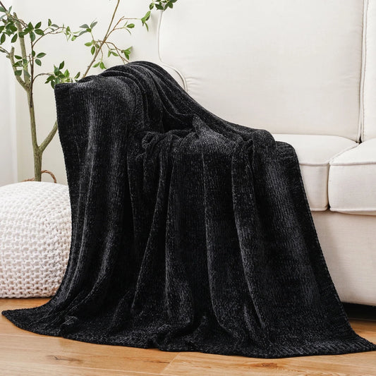 Black Chenille Throws for Couch,Soft Lightweigt Knitted Blanket for Living Room,51"X 67"