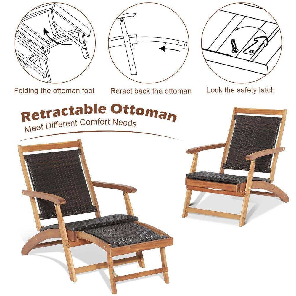 4-Piece Wicker Patio Conversation Set Rattan Folding Lounge Chair Table with Retractable Footrest