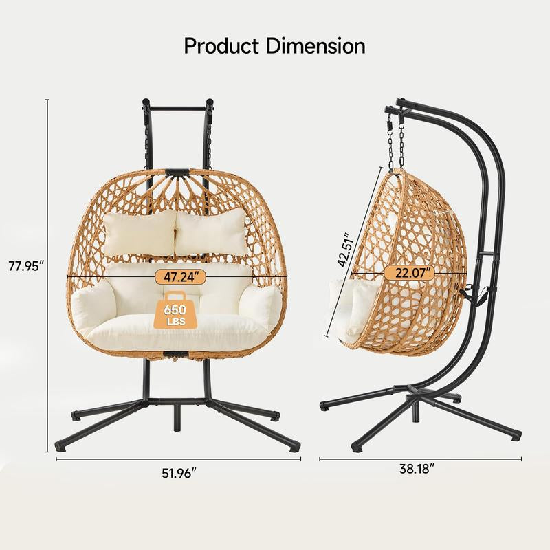 ONBRILL Double Hanging Egg Chair with Stand, Bohemian Knot Style Hammock Swing Chair, Foldable Basket & Denser Weaves, 650 Lbs Capacity Loveseat with UV Resistant Cushion for Patio, Backyard【Holidayhaul】