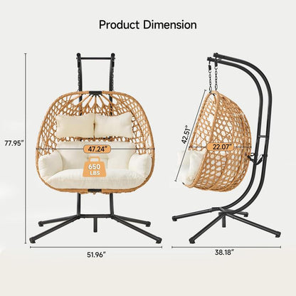 ONBRILL Double Hanging Egg Chair with Stand, Bohemian Knot Style Hammock Swing Chair, Foldable Basket & Denser Weaves, 650 Lbs Capacity Loveseat with UV Resistant Cushion for Patio, Backyard【Holidayhaul】