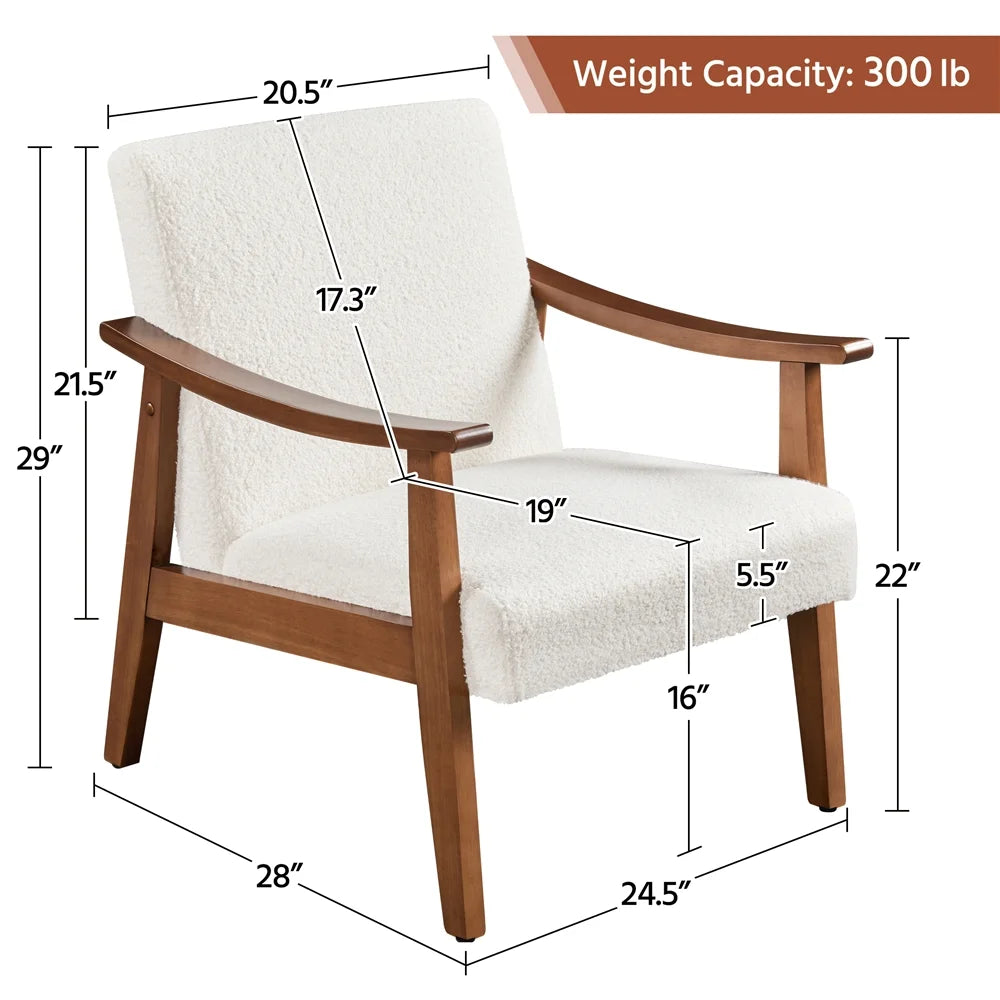 Mid-Century Modern Accent Chair with Wooden Frame, Ivory Boucle Fabric