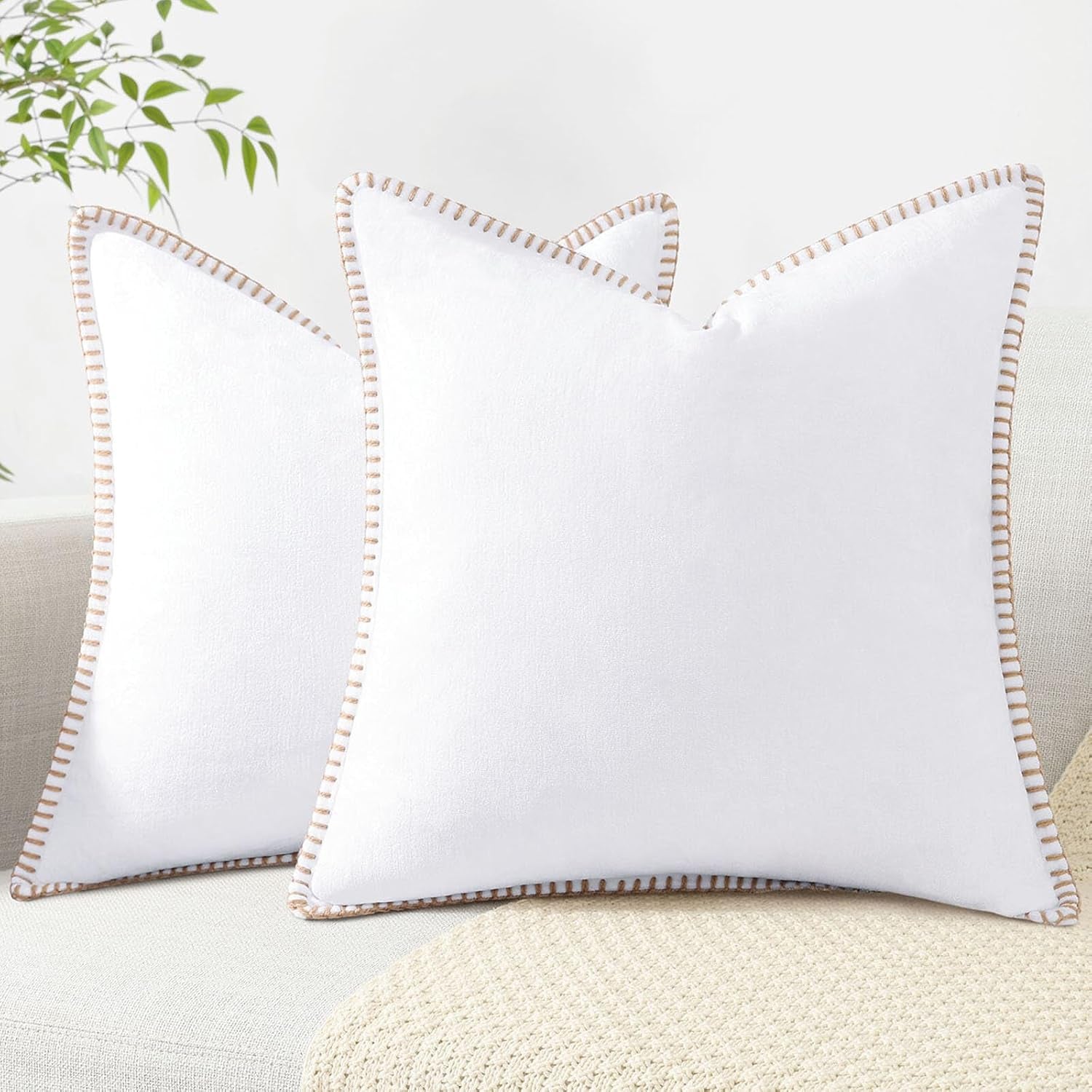 Chenille Soft Throw Pillow Covers 26X26 Set of 2, Farmhouse Velvet Neutral Decorative Euro Pillow Covers with Stitched Edge for Couch Sofa Bed Home Decor, White