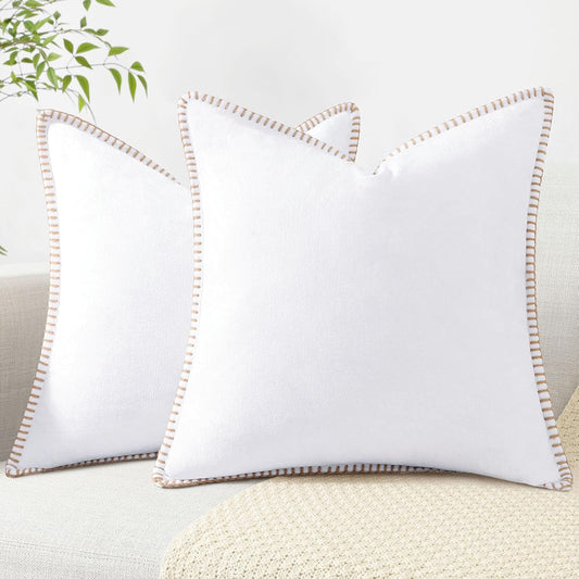 Chenille Soft Throw Pillow Covers 26X26 Set of 2, Farmhouse Velvet Neutral Decorative Euro Pillow Covers with Stitched Edge for Couch Sofa Bed Home Decor, White