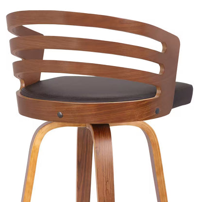 Jayden 26 In. Brown Faux Leather with Walnut Veneer Mid-Century Swivel Counter Height Bar Stool