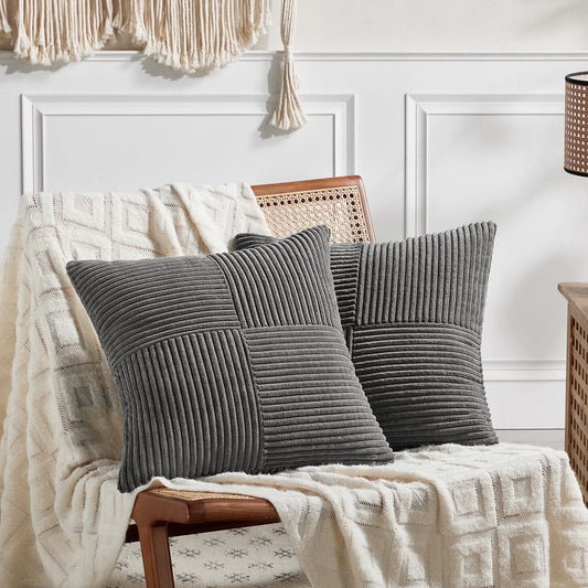 2 Packs Dark Gray Decorative Throw Pillow Covers 18X18 Inch for Living Room Couch Sofa, Rustic Farmhouse Boho Home Decor, Soft Corduroy Patchwork Textured Square Cushion Case 45X45 Cm