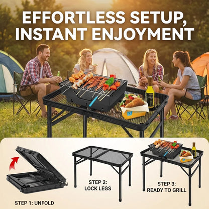 Lightweight Folding Grill Table with Mesh Desktop, Camping Table Folding Portable Camp Aluminum ,Picnic, Backyard, BBQ, Patio, Black