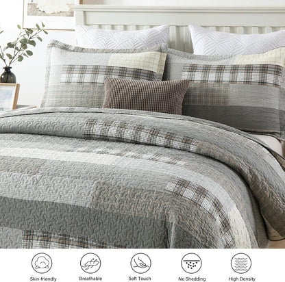 Quilt King Size - 100% Cotton Grey King Quilt Farmhouse Plaid Quilted Bedspread, 3 Pieces Lightweight Reversible King Size Quilt Bedding Set for All Season