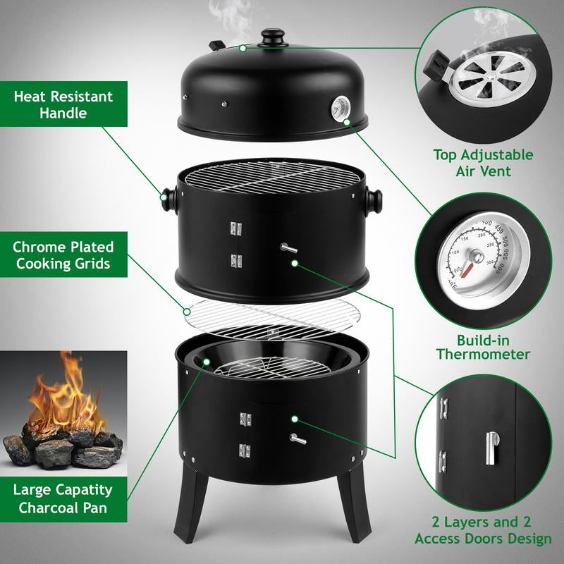 Smoker Carbon Grill, Portable Charcoal BBQ Barrel Grill with Thermometer, Iron Spray Adjustable Vent, for Camping, Backyard, Beach Parties