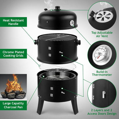 Smoker Carbon Grill, Portable Charcoal BBQ Barrel Grill with Thermometer, Iron Spray Adjustable Vent, for Camping, Backyard, Beach Parties