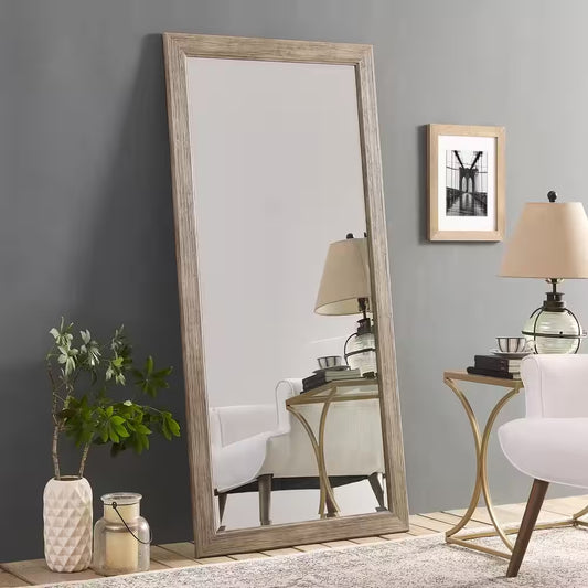 Rustic Floor Mirror, Framed Full Length Mirror Farmhouse Floor Mirror Faux Wood Hanging Wall Mirror 66" X 32", Natural