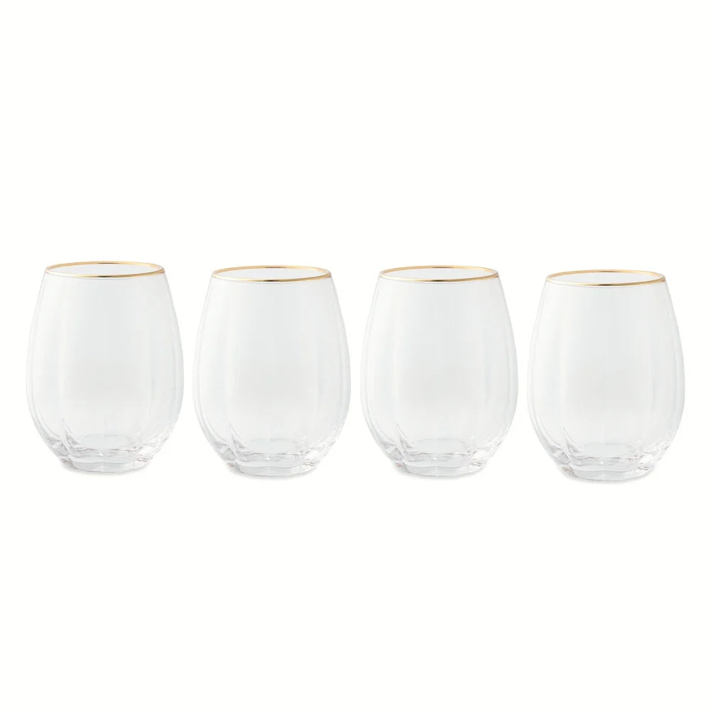 Scalloped Stemless Wine Glasses with Gold Trim, Set of 4