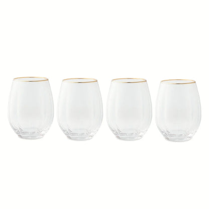 Scalloped Stemless Wine Glasses with Gold Trim, Set of 4
