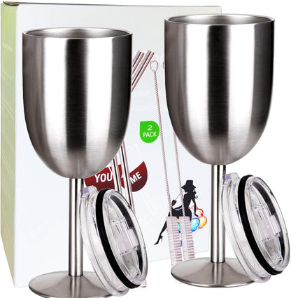 Stainless Steel Wine Glasses(2 Pack).Double Walled Vacuum Insulated Wine Tumbler Cups with Lid and Straw.Friendship,Christmas,Birthday Gifts for Women Men Friends Dad Mom(10Oz Stainless Steel)