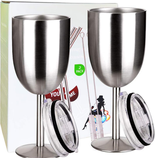 Stainless Steel Wine Glasses(2 Pack).Double Walled Vacuum Insulated Wine Tumbler Cups with Lid and Straw.Friendship,Christmas,Birthday Gifts for Women Men Friends Dad Mom(10Oz Stainless Steel)