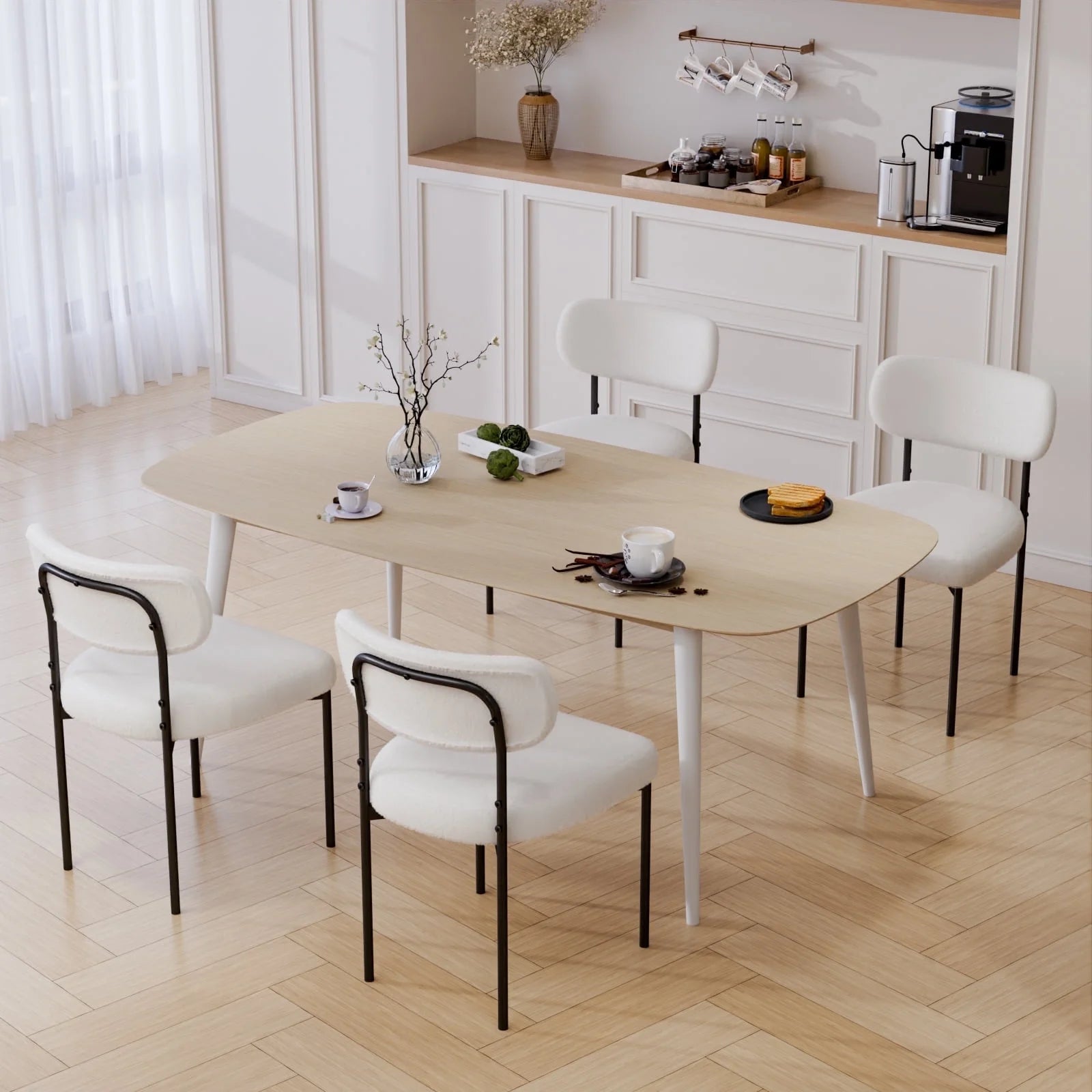 Boucle Dining Chairs Set of 4 Modern Upholstered Kitchen Dining Room Chairs with Backrest & Metal Legs Accent Side Chairs White for Dining Kitchen Living Room Bedroom