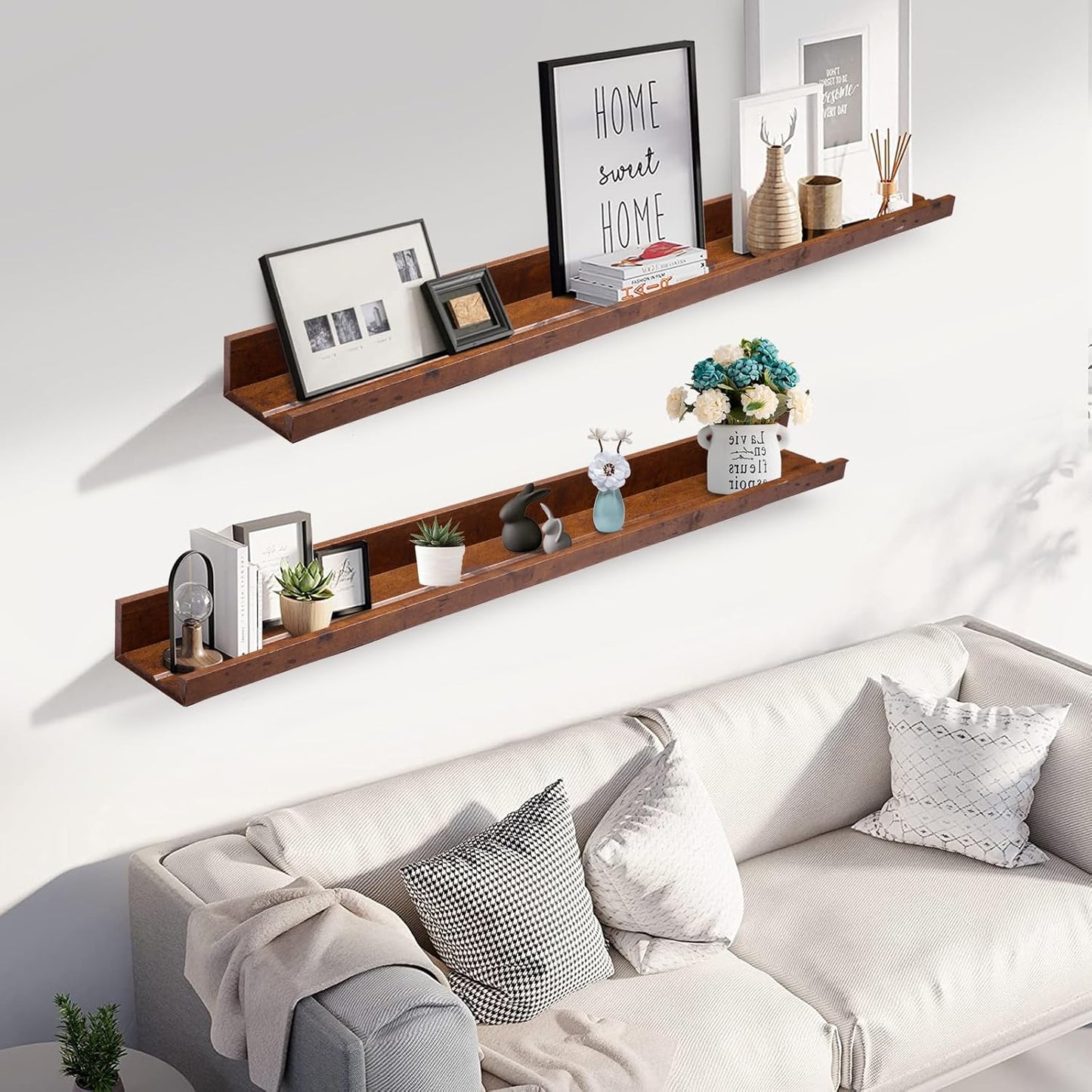 45.3" Large Floating Wall Ledge Shelves with Lip - Set of 2 Rustic Wood Floating Shelves - Honey Brown Wall Mounted Picture Ledge for Office, Bathroom, Bedroom, Living Room, Kitchen