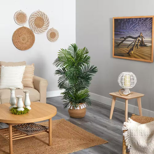 4 Ft. Green Areca Faux Palm Tree in Boho Chic Handmade Natural Cotton Planter with Tassels UV Resistant (Indoor/Outdoor)