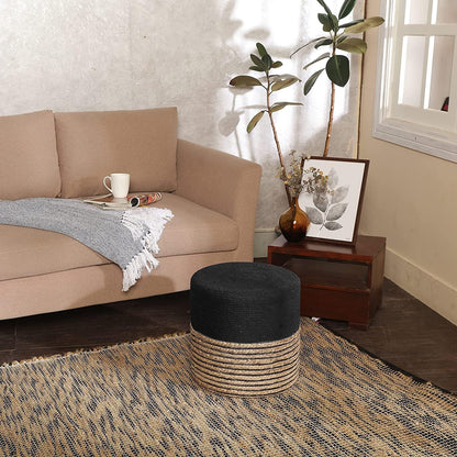 · Cylindrical Pouf Ottoman - Braided Pouffe Accent Sitting round Footrest for Living Room, Bedroom, Nursery, Kidsroom, Patio, Gym; 70% Cotton 30% Jute, (14.5X14.5X16; Black Natural)