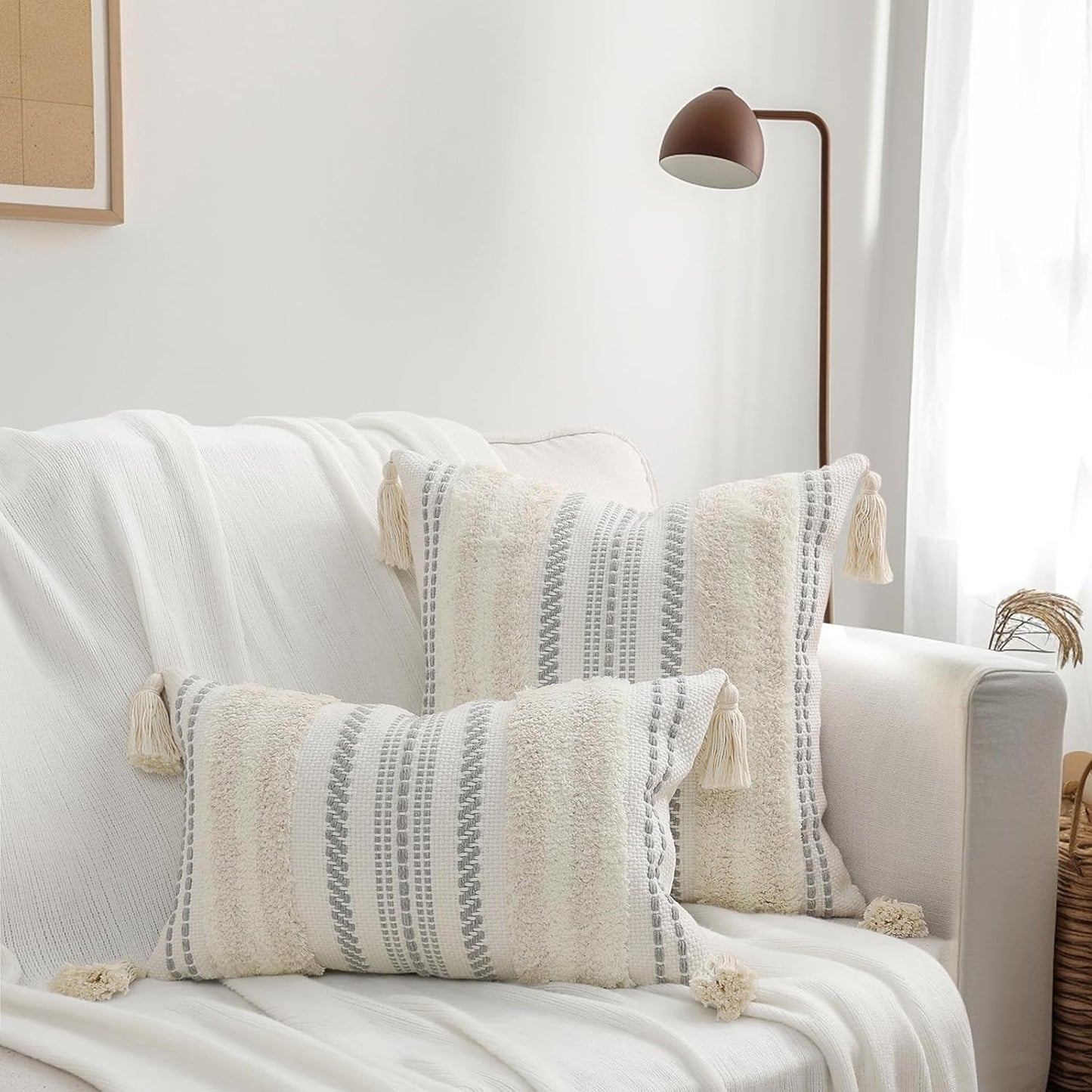 Decorative Boho Throw Pillow Covers 20X20 Set of 2, Accent Neutral Textured Tufted Pillow Covers Striped for Couch Bed Sofa Living Room, Beige and Cream White