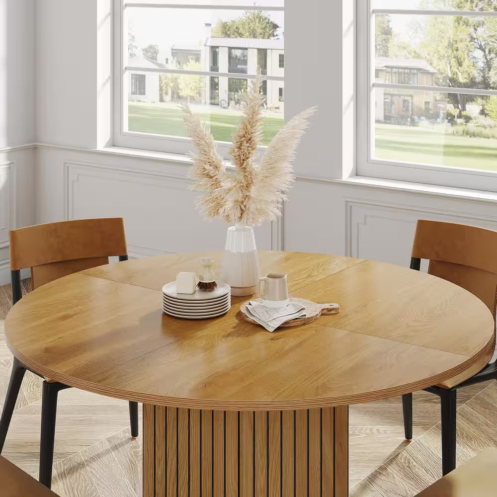 Roesler 47 In. Brown Wood round Dining Table, Pedestal Dining Table for Living Room, Dining Room, Seats 4