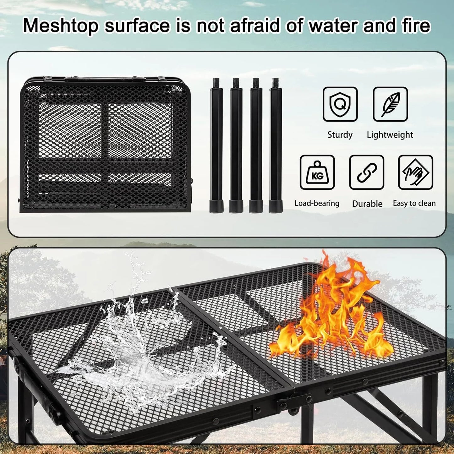 Lightweight Folding Grill Table with Mesh Desktop, Camping Table Folding Portable Camp Aluminum ,Picnic, Backyard, BBQ, Patio, Black