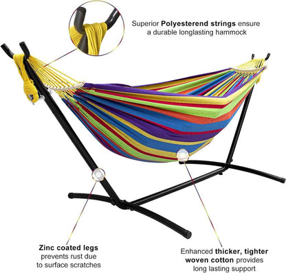 Double Hammock with Stand Included 450Lb Capacity Steel Stand, Premium Carry Bag Included and Two anti Roll Balance Beam