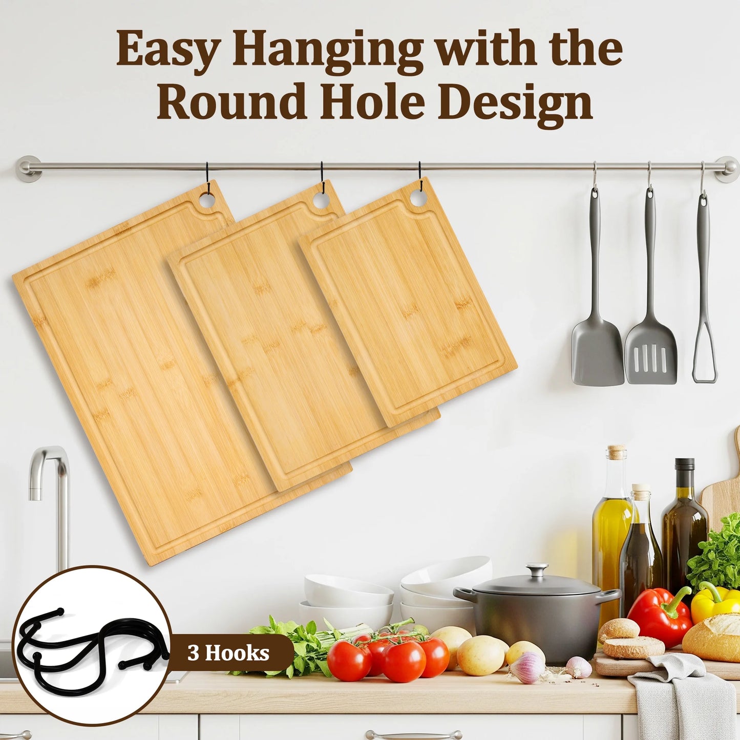 Bamboo Cutting Board, 3 Pcs Cutting Board with 3 Hooks, Wood Chopping Boards for Kitchen, Deep Juice Groove for Vegetables and Meat
