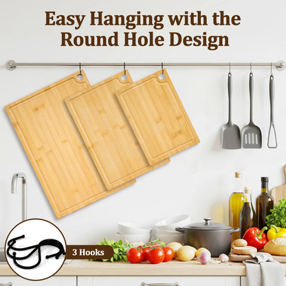 Bamboo Cutting Board, 3 Pcs Cutting Board with 3 Hooks, Wood Chopping Boards for Kitchen, Deep Juice Groove for Vegetables and Meat
