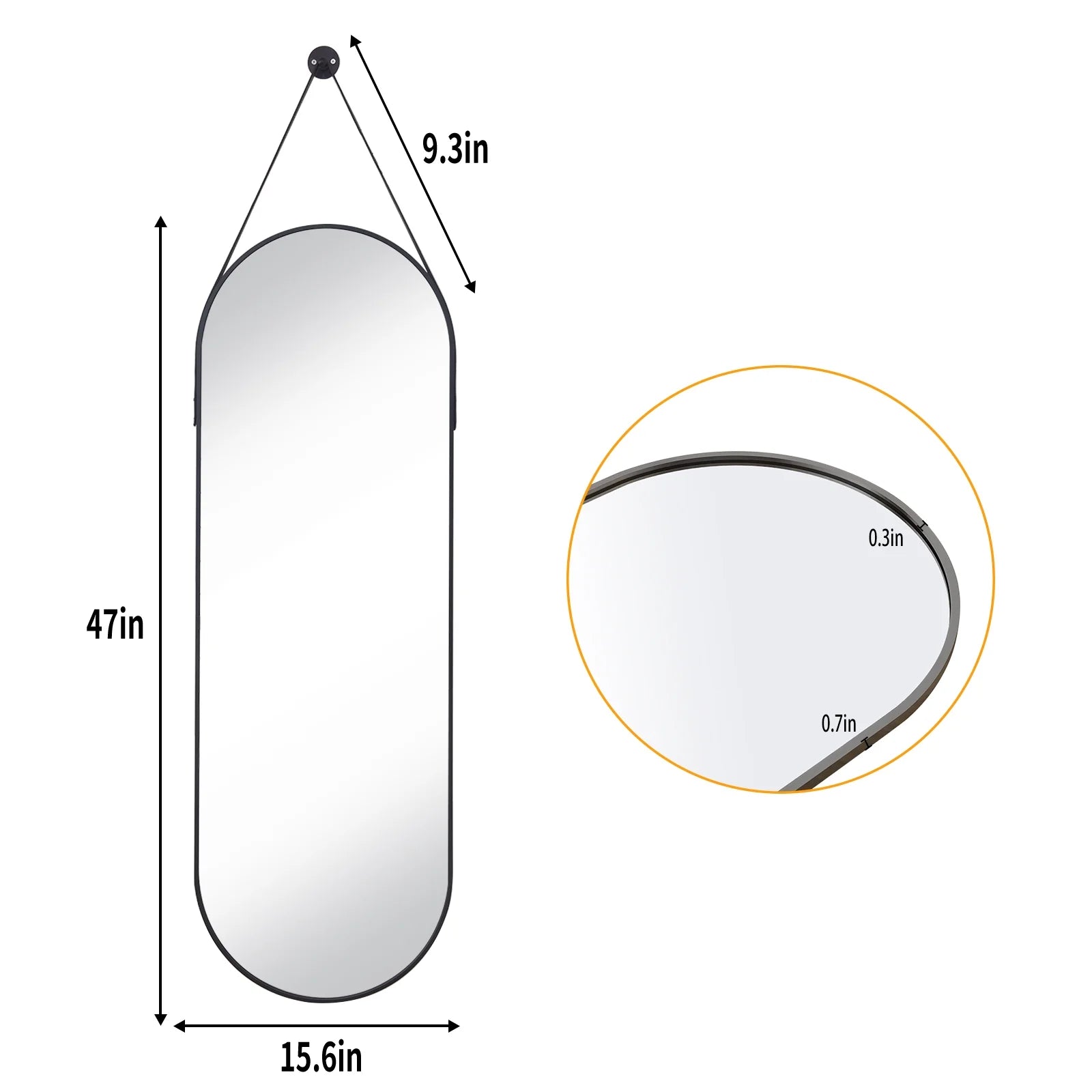 48" X 16" Full Length Mirror Oval Hanging Wall Mirror with Leather Strap,Black